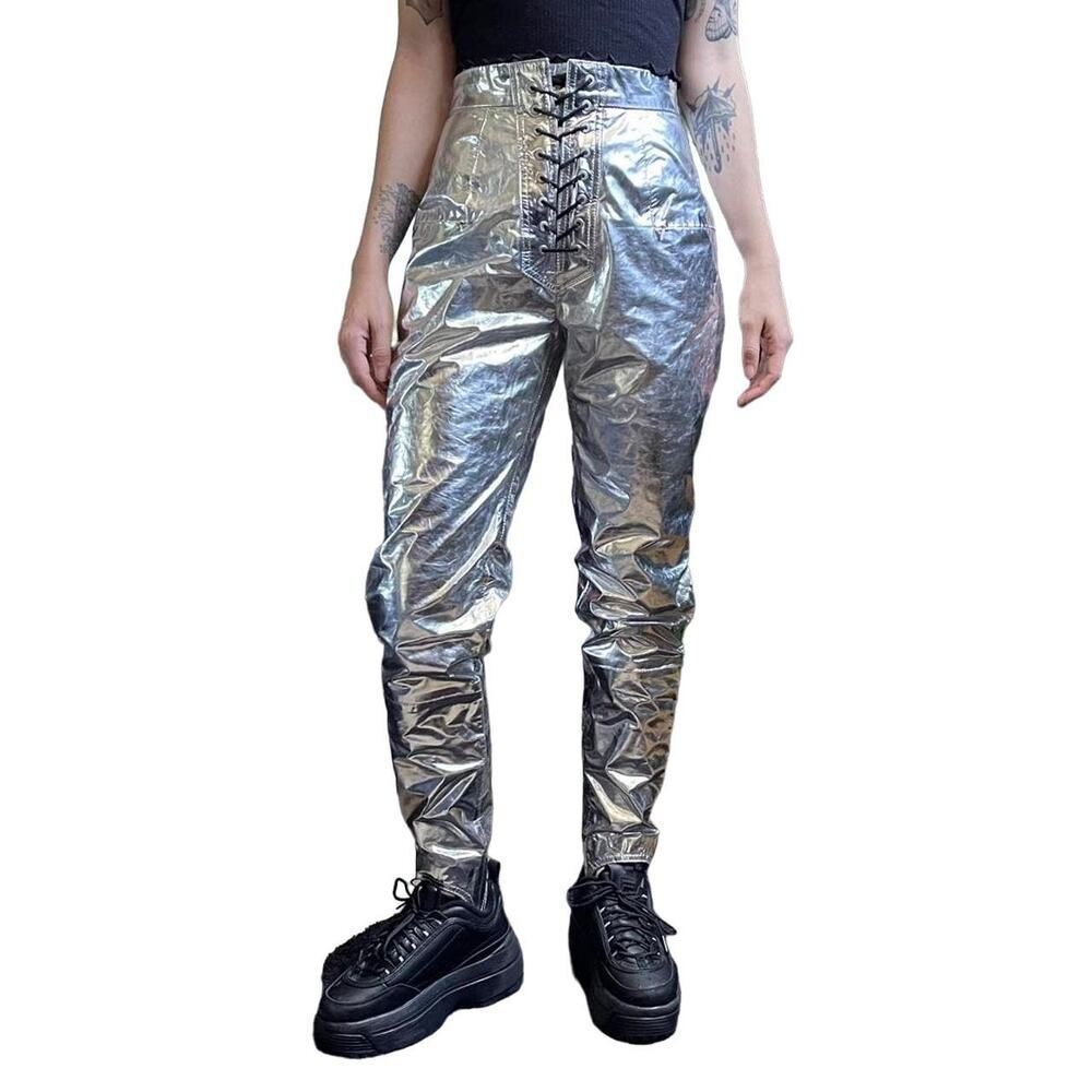 Ben Taverniti Unravel Project Lace Up Leather Skinny Stirrup Pants in Silver